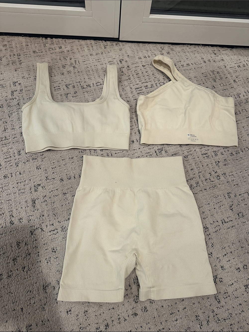 Seamless Ribbed Cream Lounge Set - Crop Tops & High-Waist Shorts